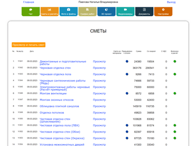 Личный кабинет заказчика. СМЕТЫ И РАСЧЁТЫ